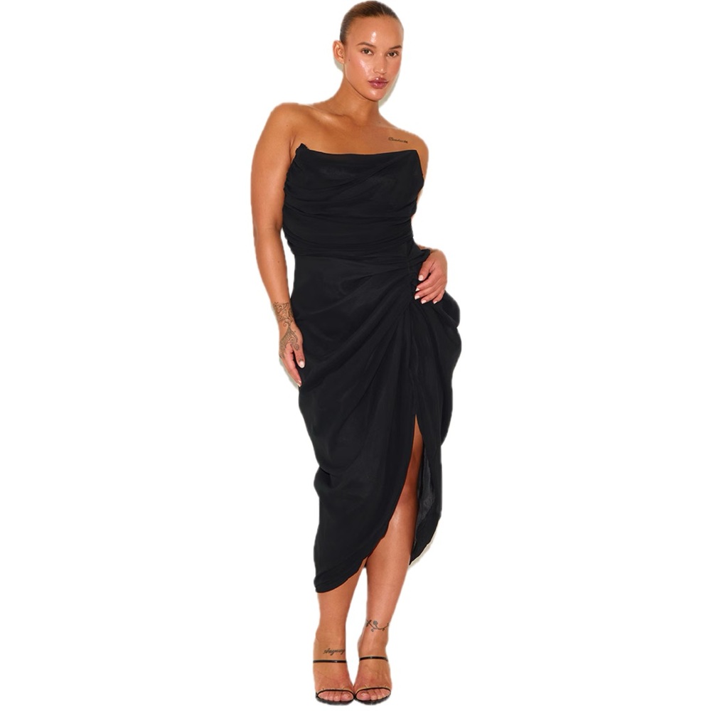 PrettyLittleThing Black Strapless Draped Midi Dress